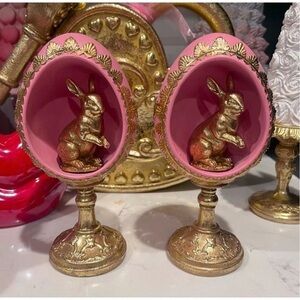 Tik Tok Viral Pink Gold Trim 3D Easter BunnyFaberge Egg Pedestal Set of 2